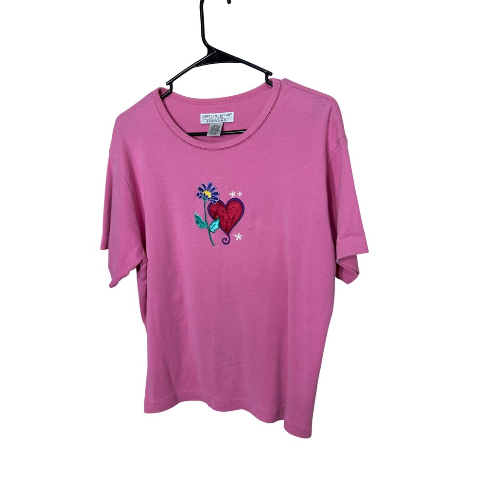 Carolyn Taylor Essentials Pink Short Sleeve‎ Embroidered Heart Flower T Shirt XL